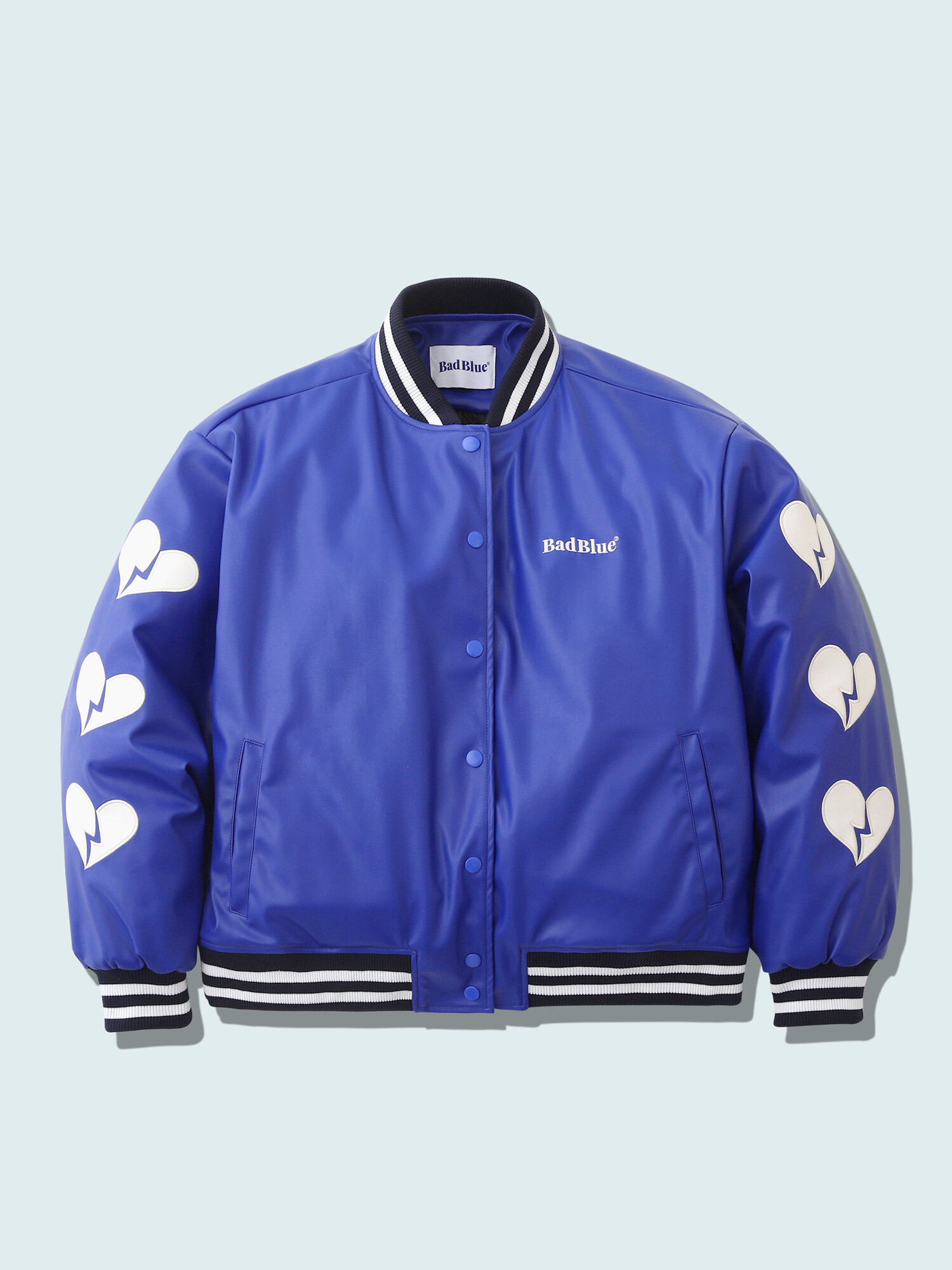 ☆関税込☆Bad Blue★Heart Patch Varsity Leather Jacket★ Heart Patch Varsity Leather Jacket Blue