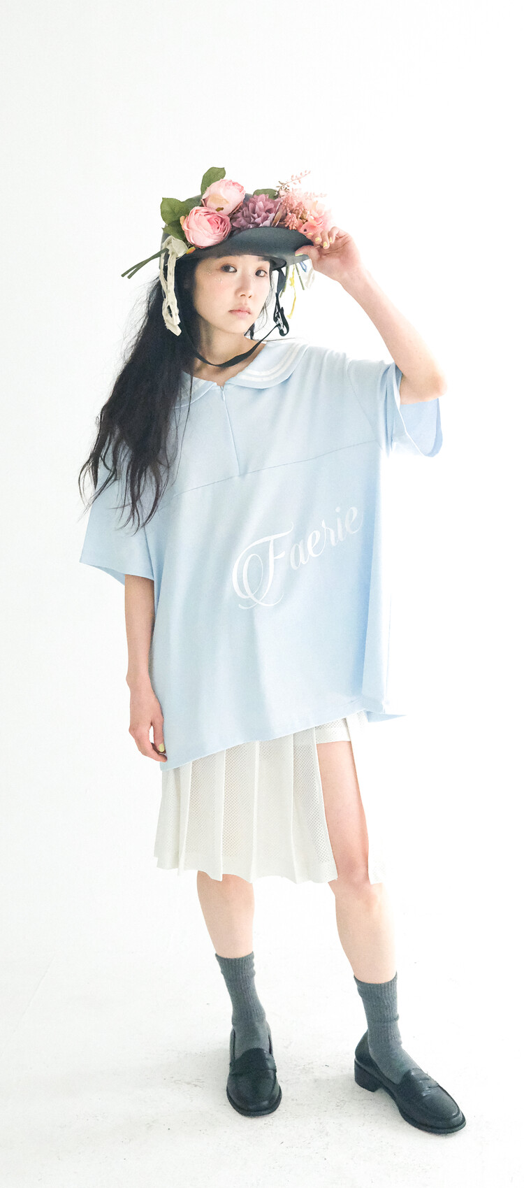 ★fa.er.ie★sailor collar mesh loose top(sky blue)韓国送料込 2차☆[fa.er.ie] sailor collar mesh loose top (sky blue)