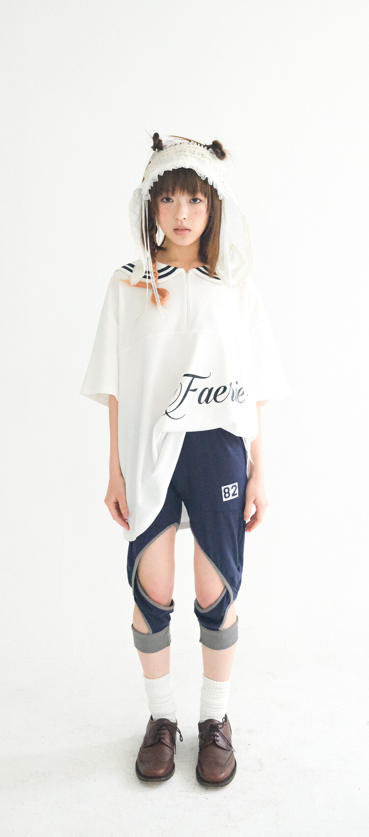 fa.er.ie] cotton mesh cross up leggings (navy)