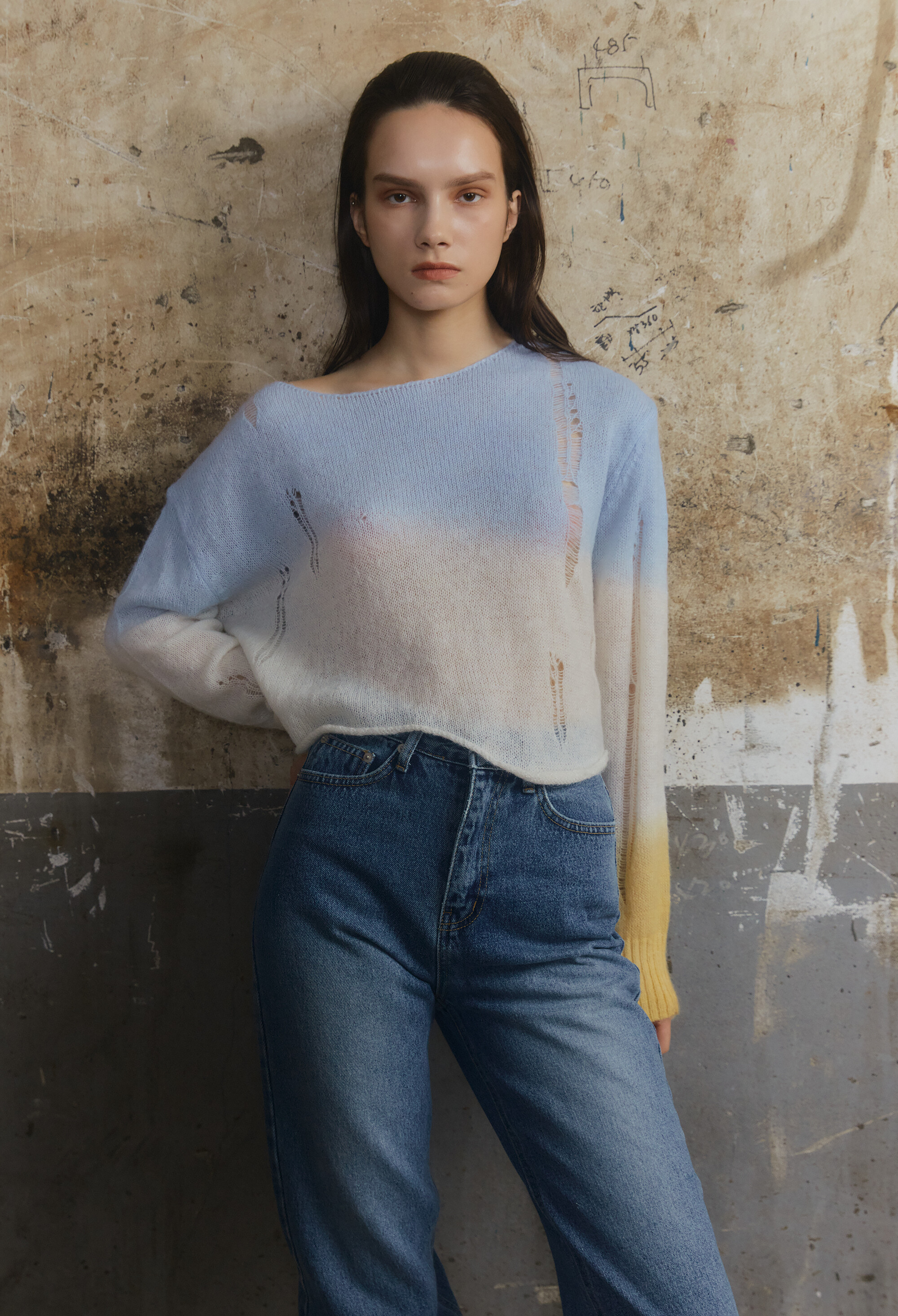 [R039] Grunge Color Knit - Sky Blue
