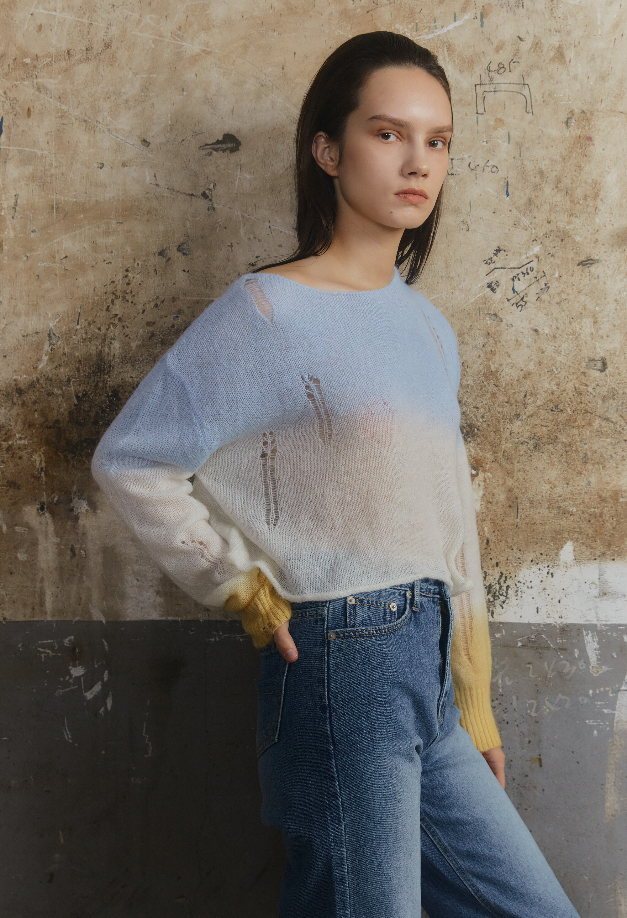 [R039] Grunge Color Knit - Sky Blue