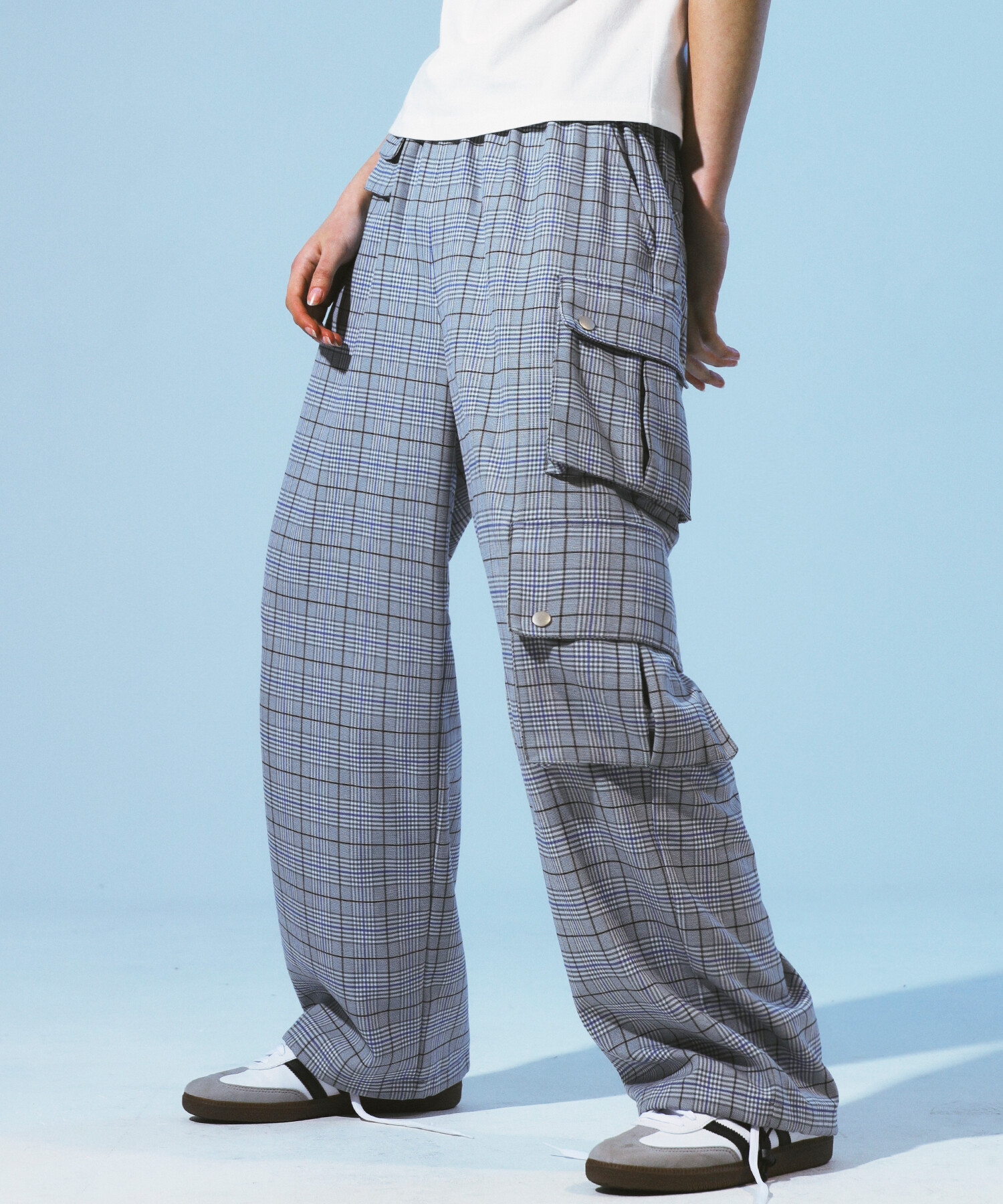 ★ PRENDA★ CHECK CARGO POCKET STRING PANTS BLUE PRTHSUPT01 CHECK CARGO POCKET STRING PANTS BLUE