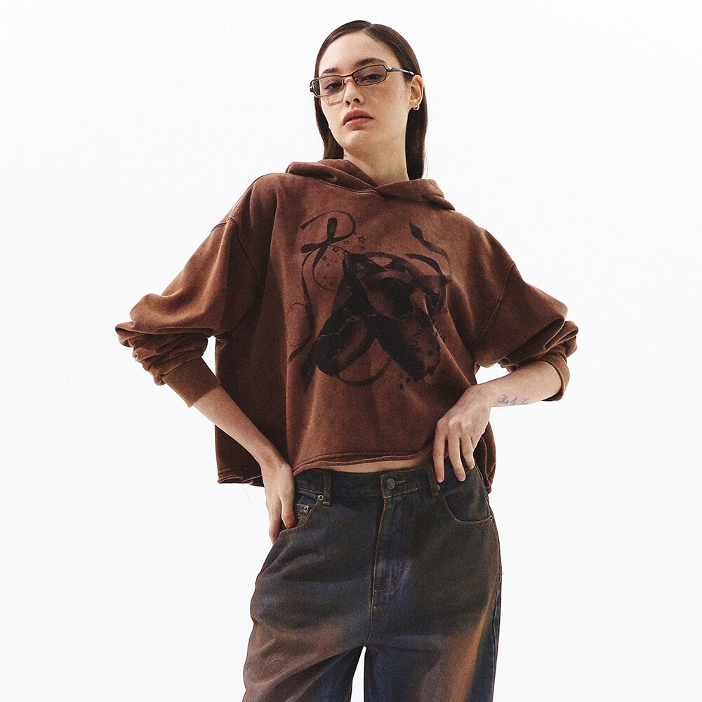 ★ PRENDA★ BALLET RIBBON ACID WASH CROP HOODIE BROWN PRTFS BALLET RIBBON ACID WASH CROP HOODIE BROWN