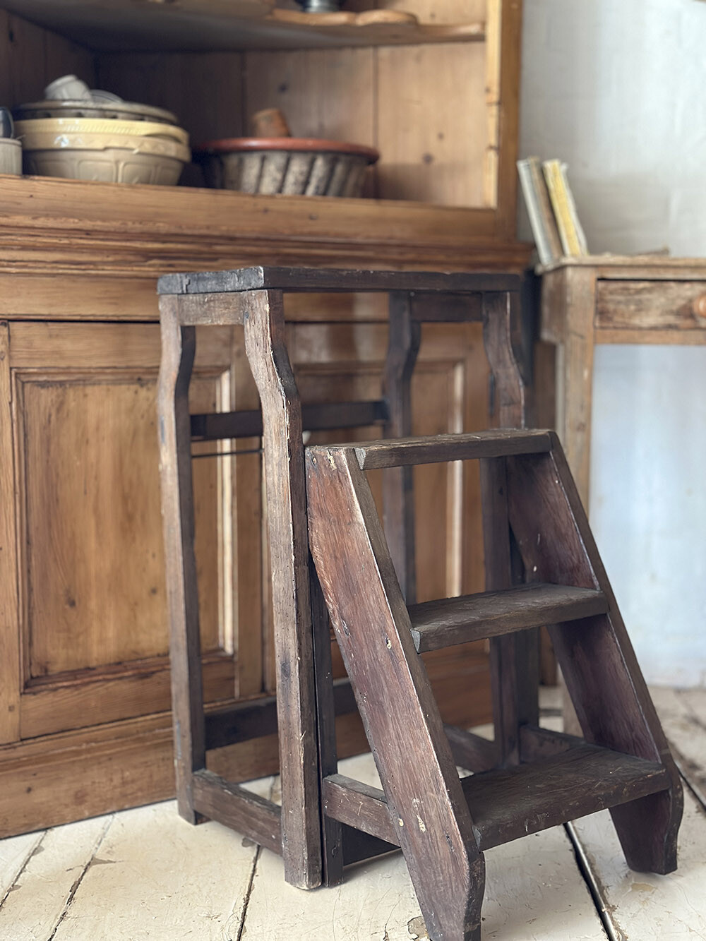 올드 빈티지 파인 래더 / 하이 스툴