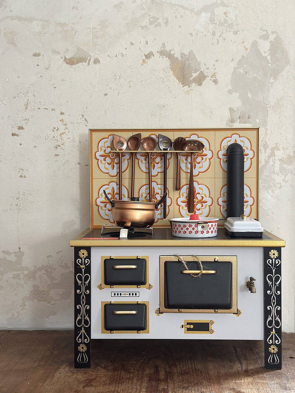 26a-030 빈티지 미니어처 틴 키친 오븐 & 액세서리