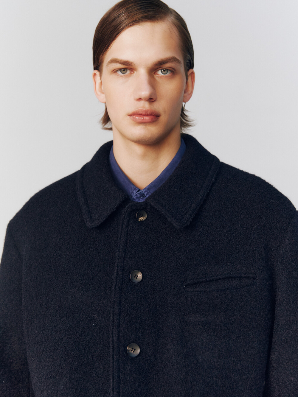 BOUCLE WOOL WORK JACKET_NAVY 착용 3