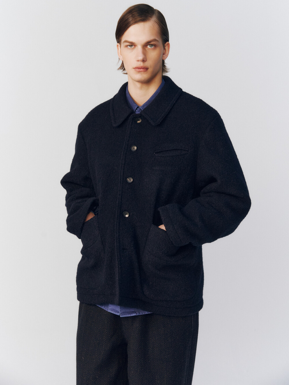 BOUCLE WOOL WORK JACKET_NAVY 착용 2