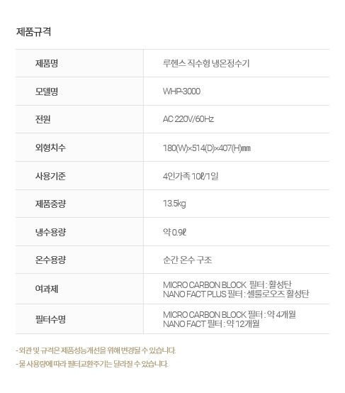 [꾸다] 루헨스 정수기 (냉온정) (WHP-3000) 직수정수기 가전 [렌탈]