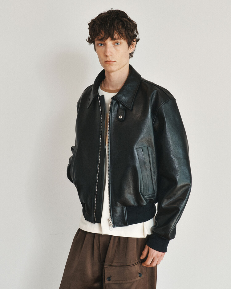 BEN GOAT LEATHER SHORT BOMBER JACKET (BLACK)