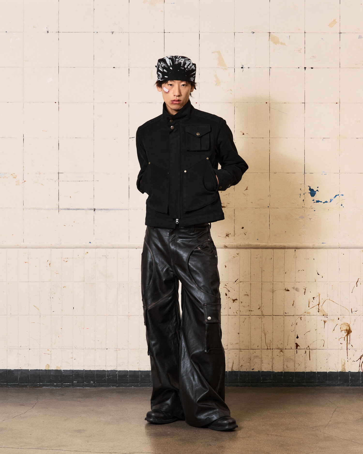 Circle Cargo Washing Leather Pants (Black)