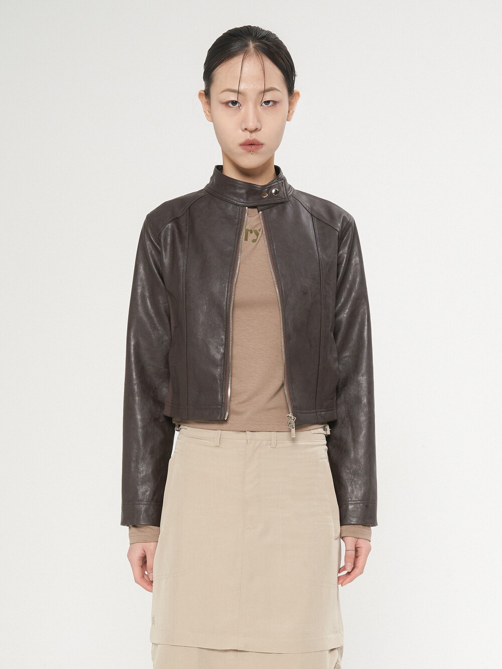 SIDE PANEL LEATHER JACKET, BROWN