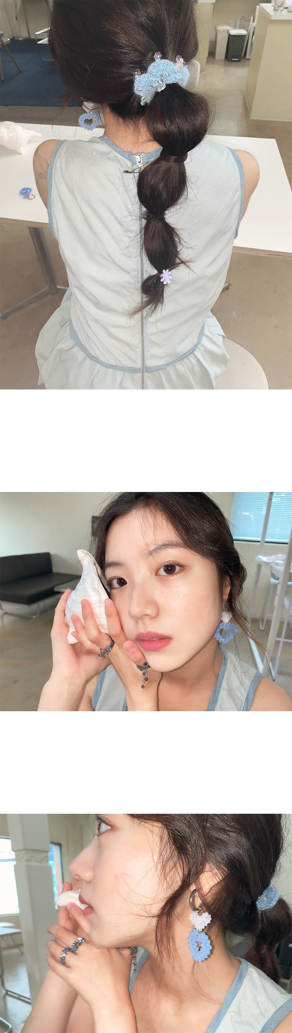 Double Heart Beads Earrings (Baby Blue)