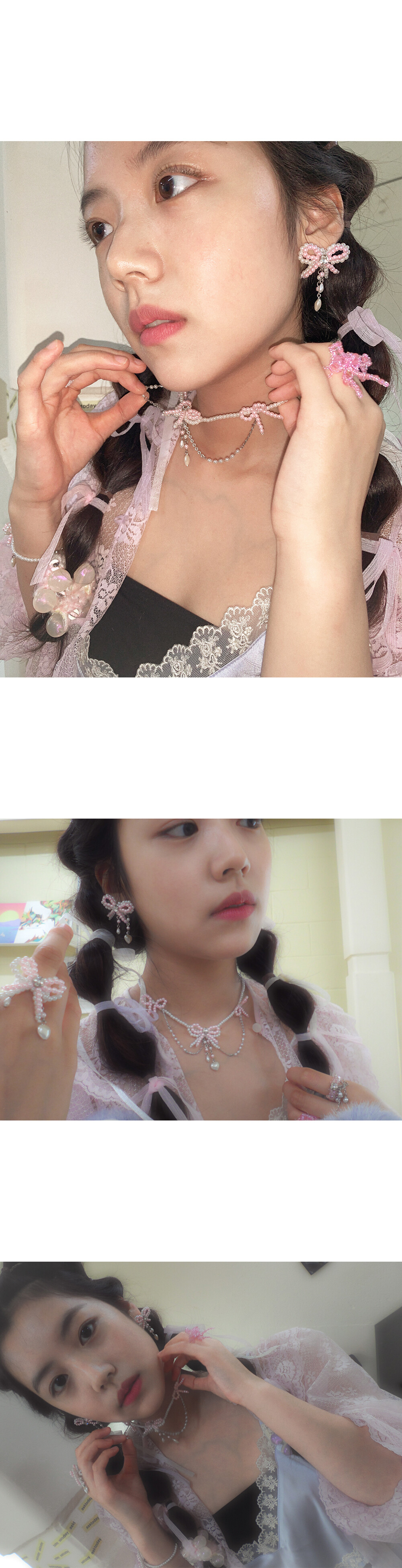 Layer Ribbon Beads Necklace (Pink)