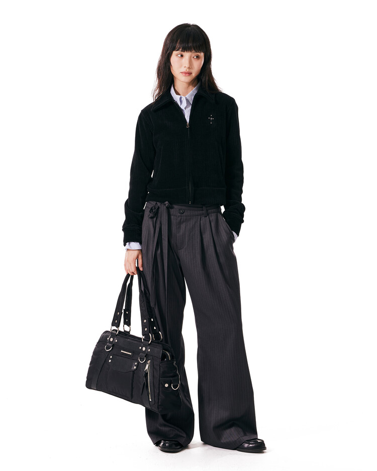 Belted Striped Trousers (Dark Gray)