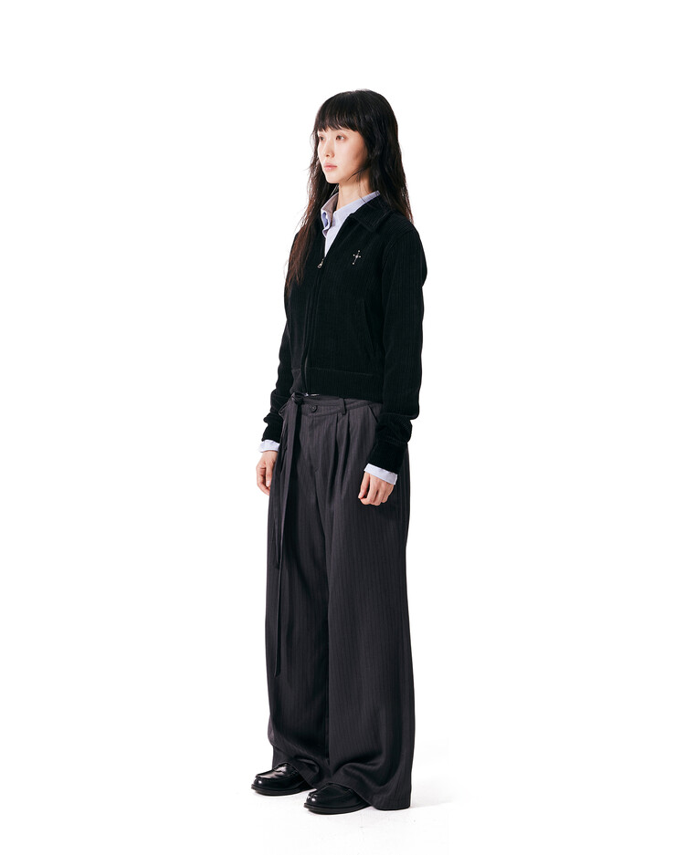 Belted Striped Trousers (Dark Gray)