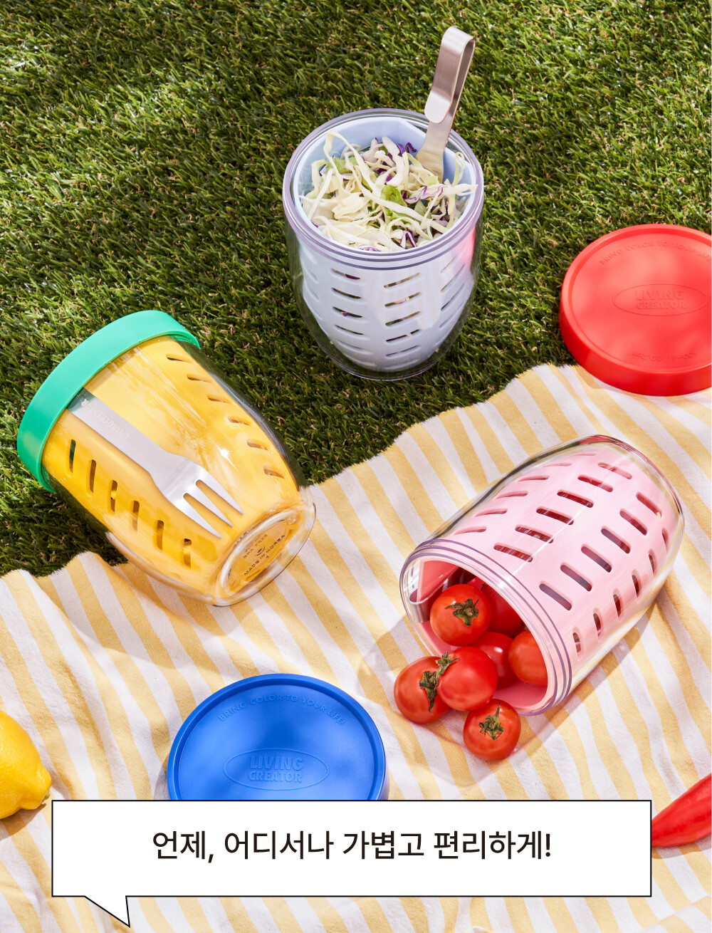 지켜팟 600ml 비비드컬러 컬러풀한 과일 보관용기에 과일과 채소가 담겨있는 피크닉 연출