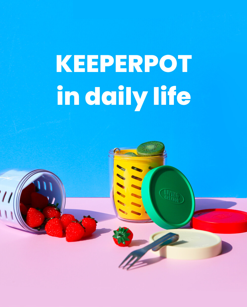 지켜팟 600ml 비비드컬러 딸기와 키위가 담겨있는 과일 샐러드 보관용기 