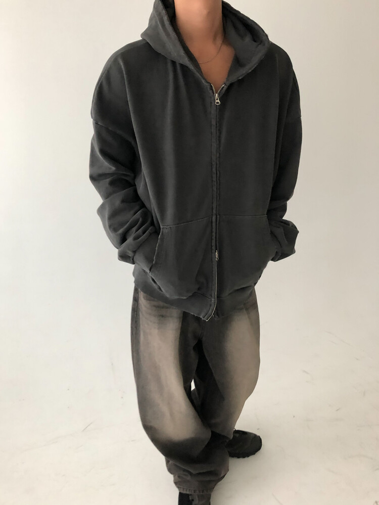 ★HOODHOOD★ Pigment damage hood zip-up charcoal MUSINSA | HOODHOOD Pigment damage crop hood zip-up charcoal