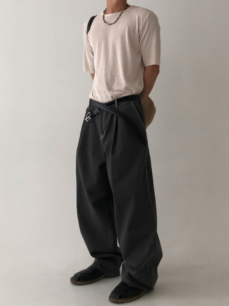【BAON】[unisex] Buten pin tuck cotton wide pants common unique