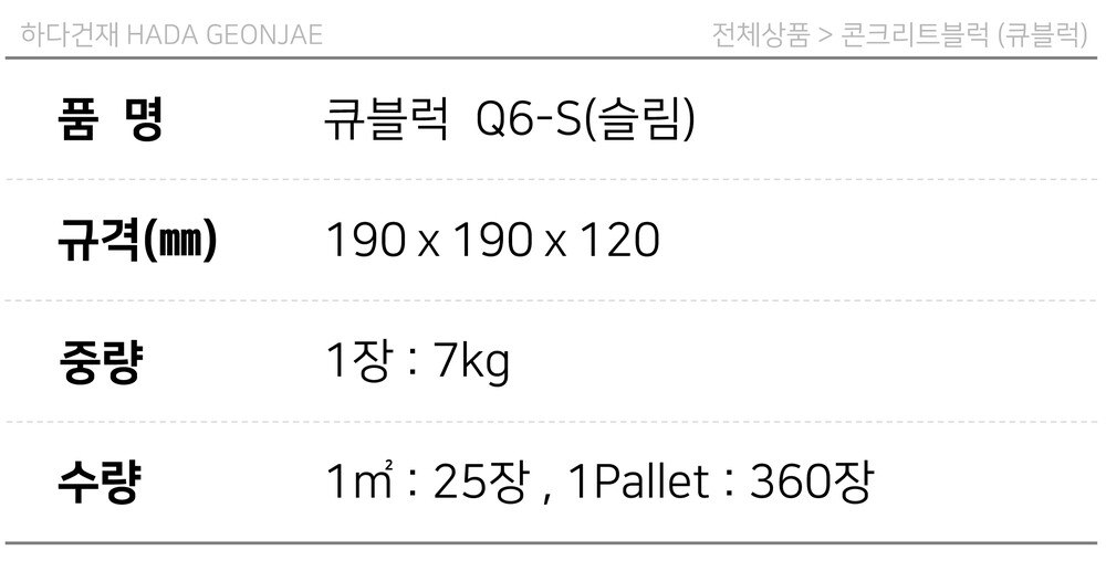 디자인블럭 콘크리트블럭 담장벽돌 Q6-S / 하다건재 큐블럭