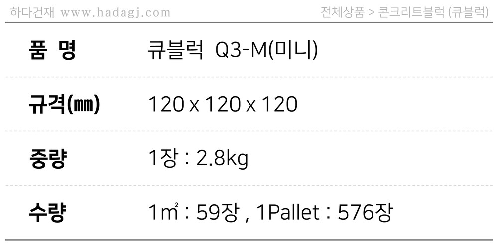 디자인블럭 콘크리트블럭 담장벽돌 Q3-M / 하다건재 큐블럭