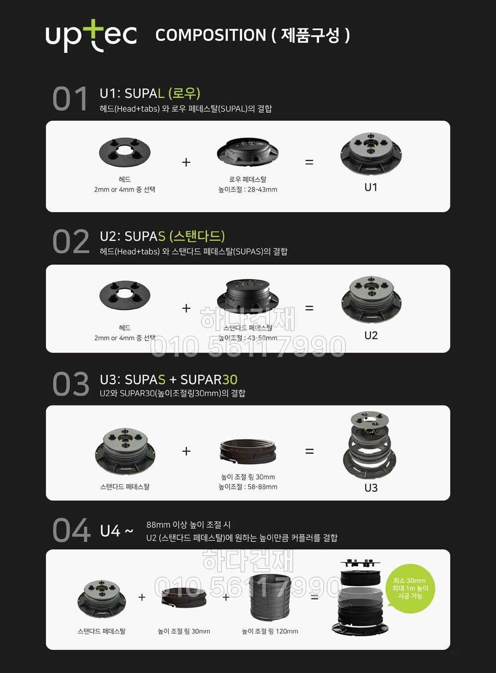 페데스탈 이태리 업텍 UPTEC FX 바닥재 높이조절 셀프레벨링 / 하다건재