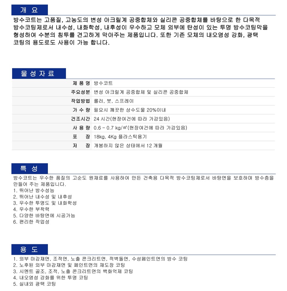  테라코 방수코트 투명 방수코팅제 / 하다건재