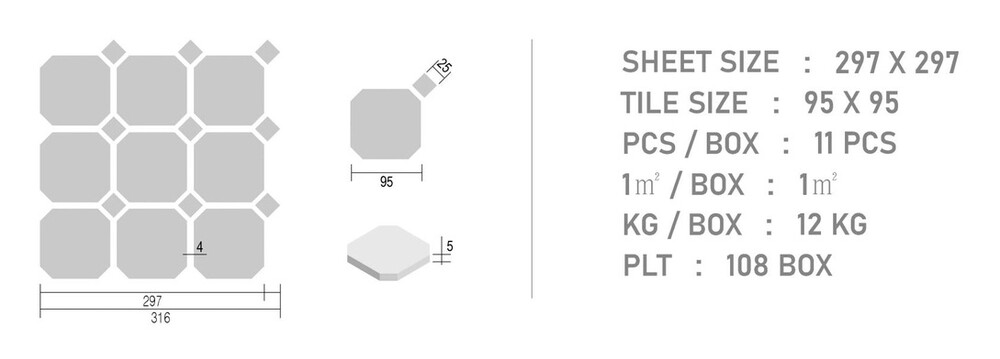 팔각 모자이크타일 95x95x5T (25x25) 화이트핑크 / 하다건재