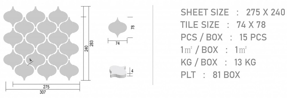 랜턴 모자이크타일 74x78x4T 라이트그레이 유광 / 하다건재