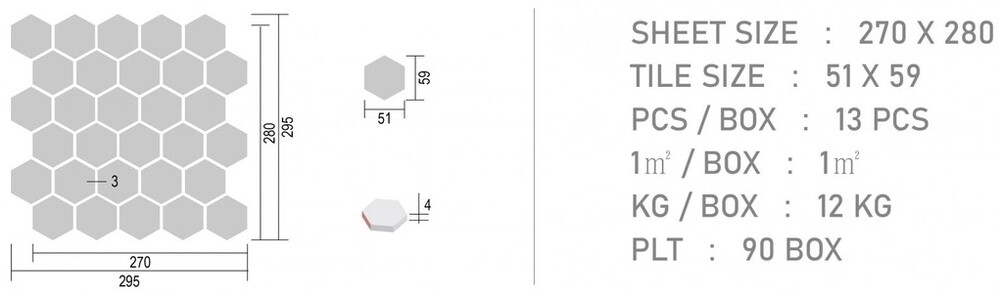 육각 모자이크타일 51x59x4T 민트 무광 / 하다건재