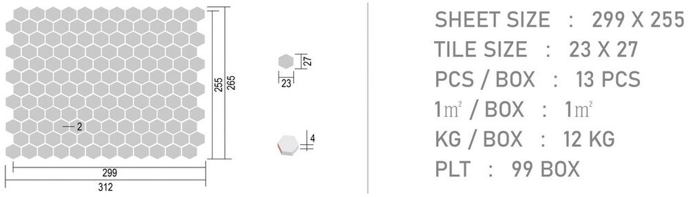 육각 모자이크타일 23x27x4T 블루 무광 / 하다건재
