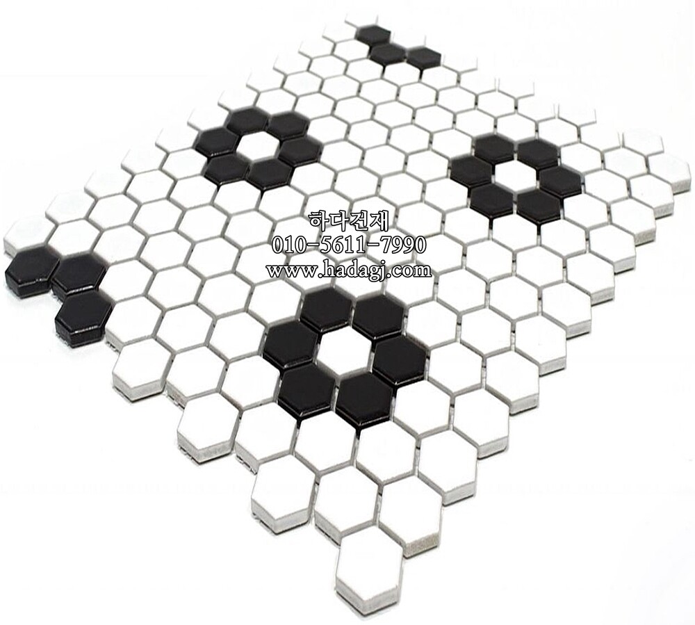 육각 모자이크타일 23x27x4T 화이트 블랙 플라워 / 하다건재