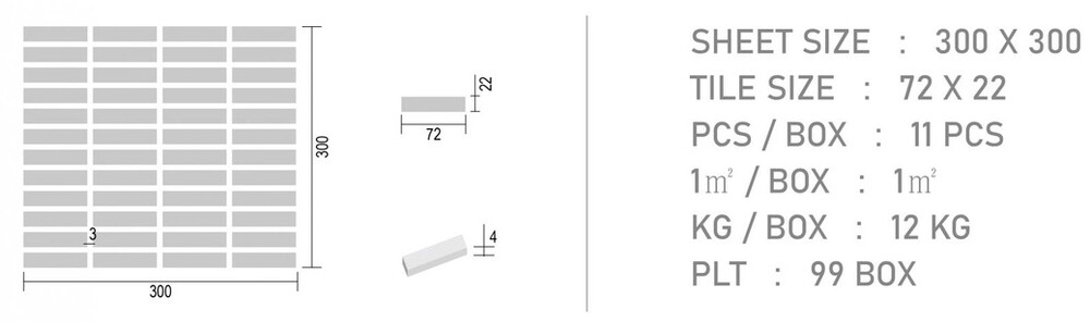 직각 모자이크타일 22x72x6T 화이트 무광 / 하다건재