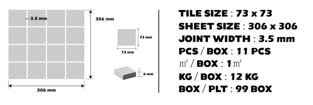 정각 모자이크타일 73x73x6T 화이트 유광 / 하다건재