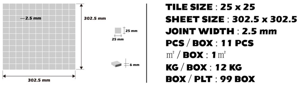 정각 모자이크타일 25x25x6T 그레이 무광 / 하다건재