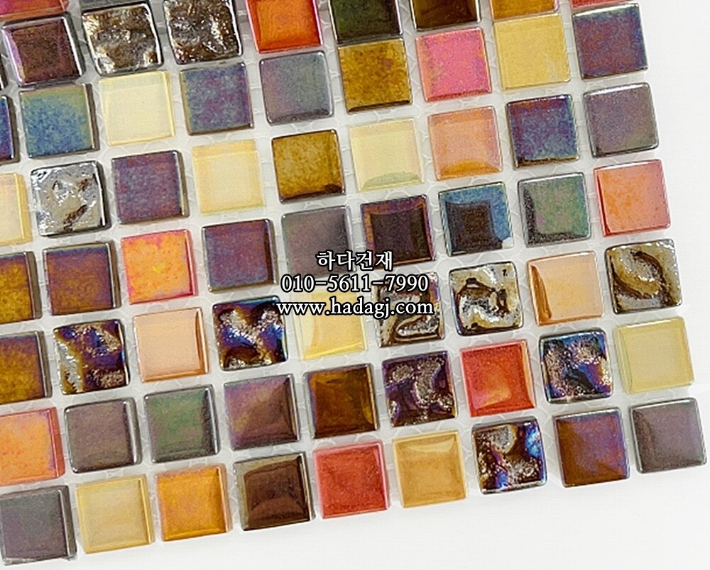 유리 모자이크타일 15x15x4T 브라운오렌지믹스 유광 / 하다건재