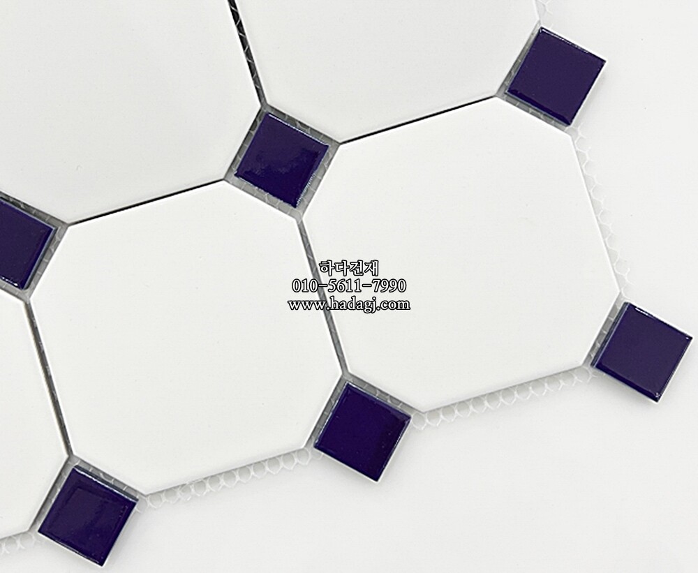 팔각 모자이크타일 95x95x6T 화이트 블루 유광 자기질타일 / 하다건재