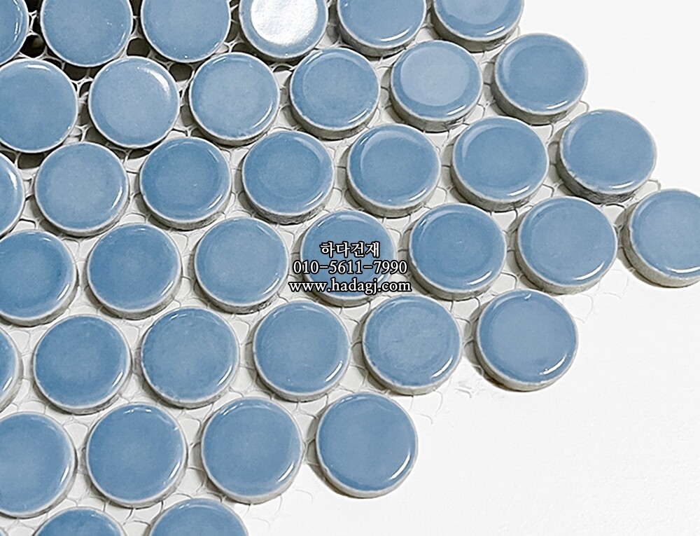 원형 모자이크타일 19x19x6T 스카이블루 유광 자기질타일 / 하다건재