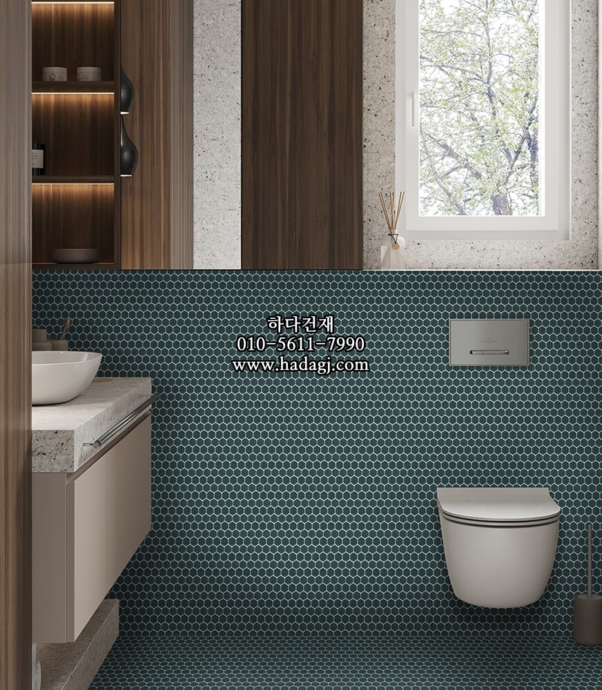 육각 모자이크타일 23x26x5T 블루 무광 헥사곤 자기질타일 / 하다건재