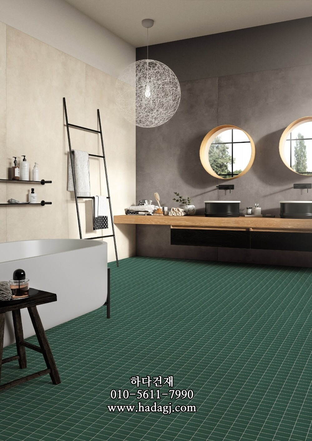 직사각 모자이크타일 60x108x7T 그린 무광 자기질타일 / 하다건재
