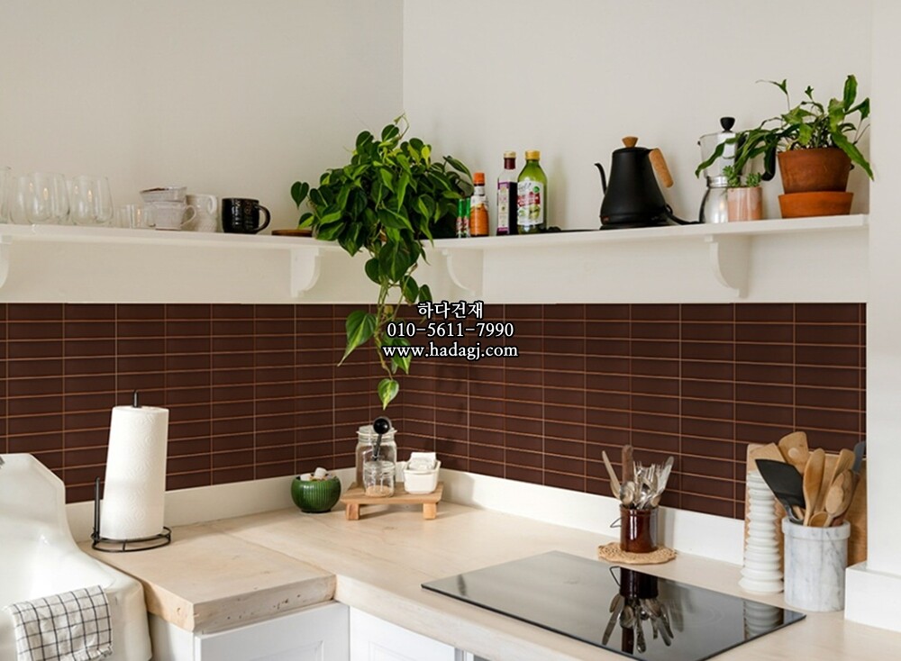 직사각 모자이크타일 45x195x7T 레드와인 유광 자기질타일 / 하다건재