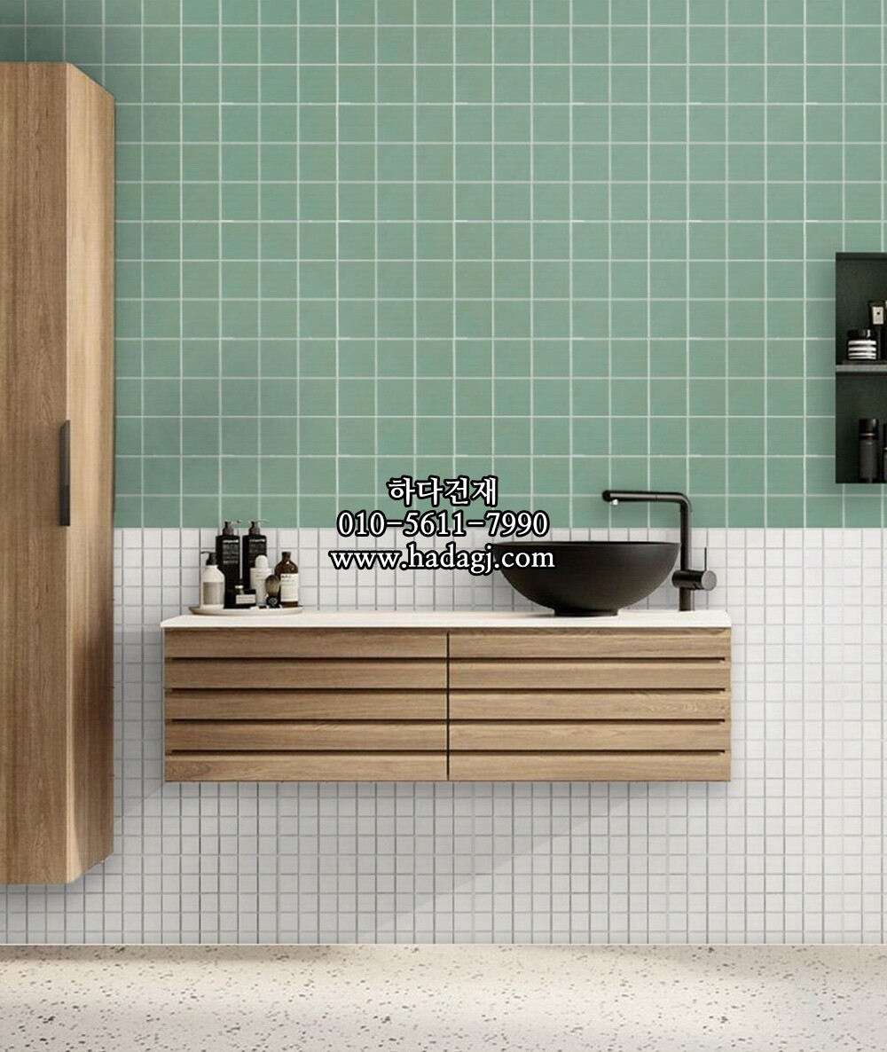 정사각 모자이크타일 97x97x6T 배민 그린 무광 자기질타일 / 하다건재