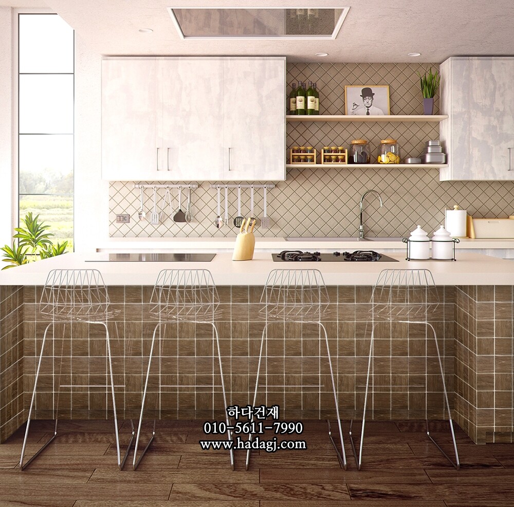 우드 정사각 모자이크타일 97x97x6T 월럿 브라운 무광 자기질타일 WALNUT / 하다건재
