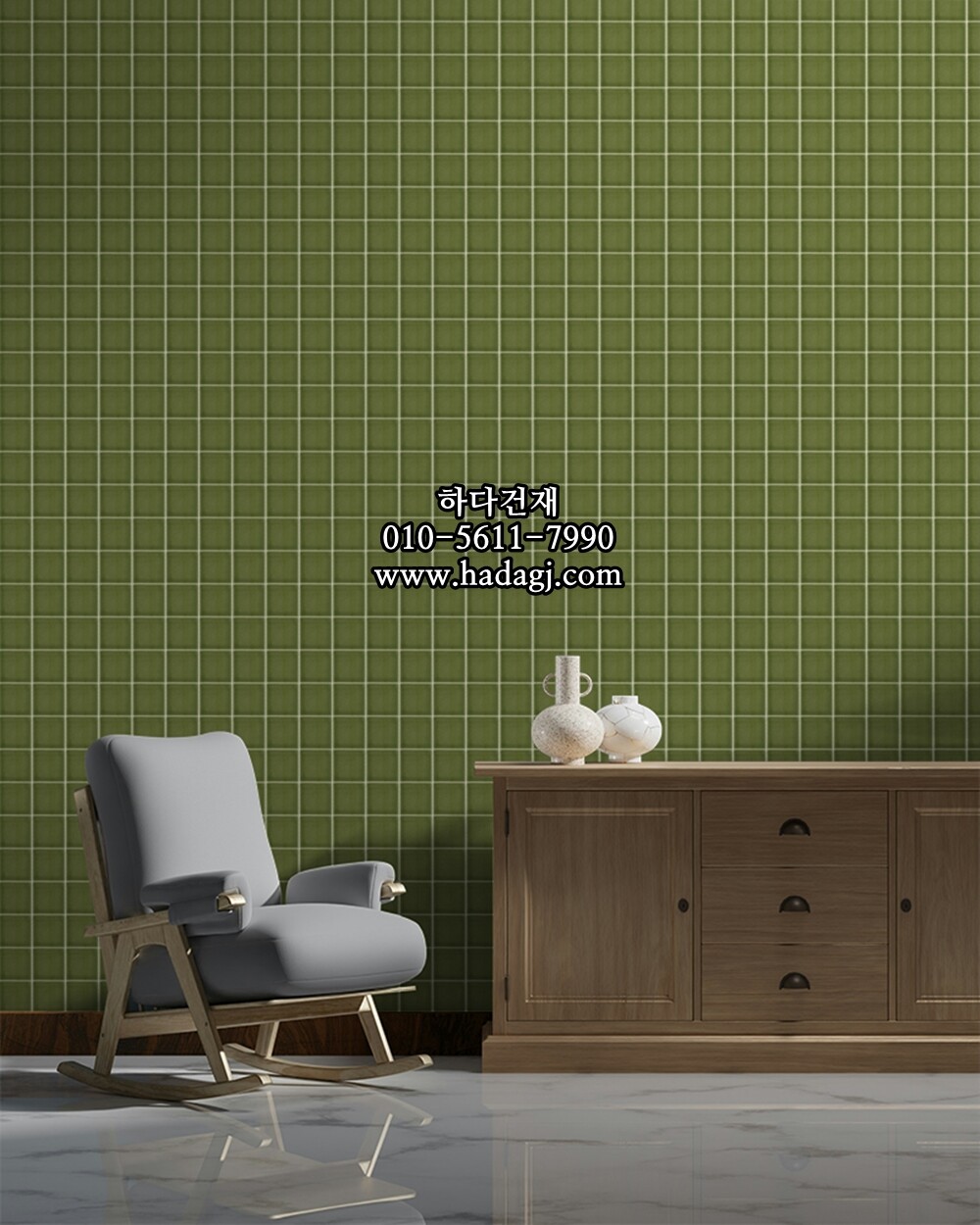 정사각 모자이크타일 73x73x7T 키위 그린 유광 자기질타일 / 하다건재