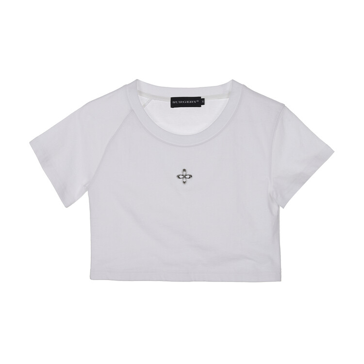 【SURGERY】unbalance l clover logo crop T-shirts surgery unbalance metal clover logo crop T-shirts 'white'