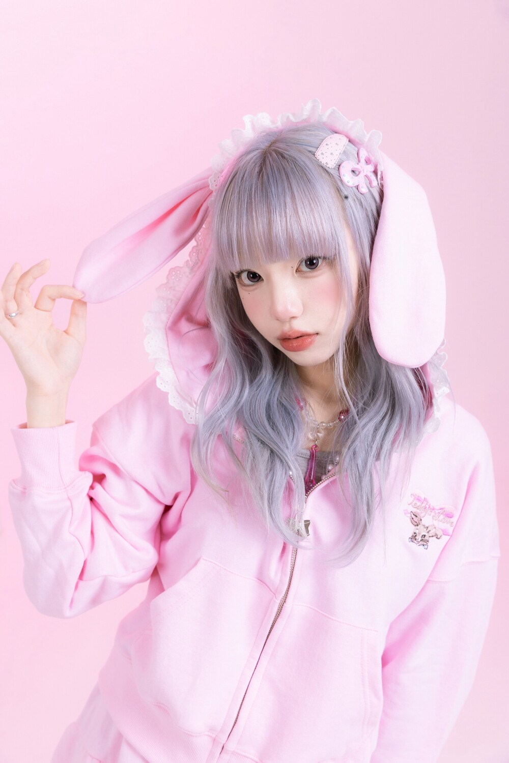 Pink Rabbit Hood Teddy's Bunny Hood Zip-up ( Pink )