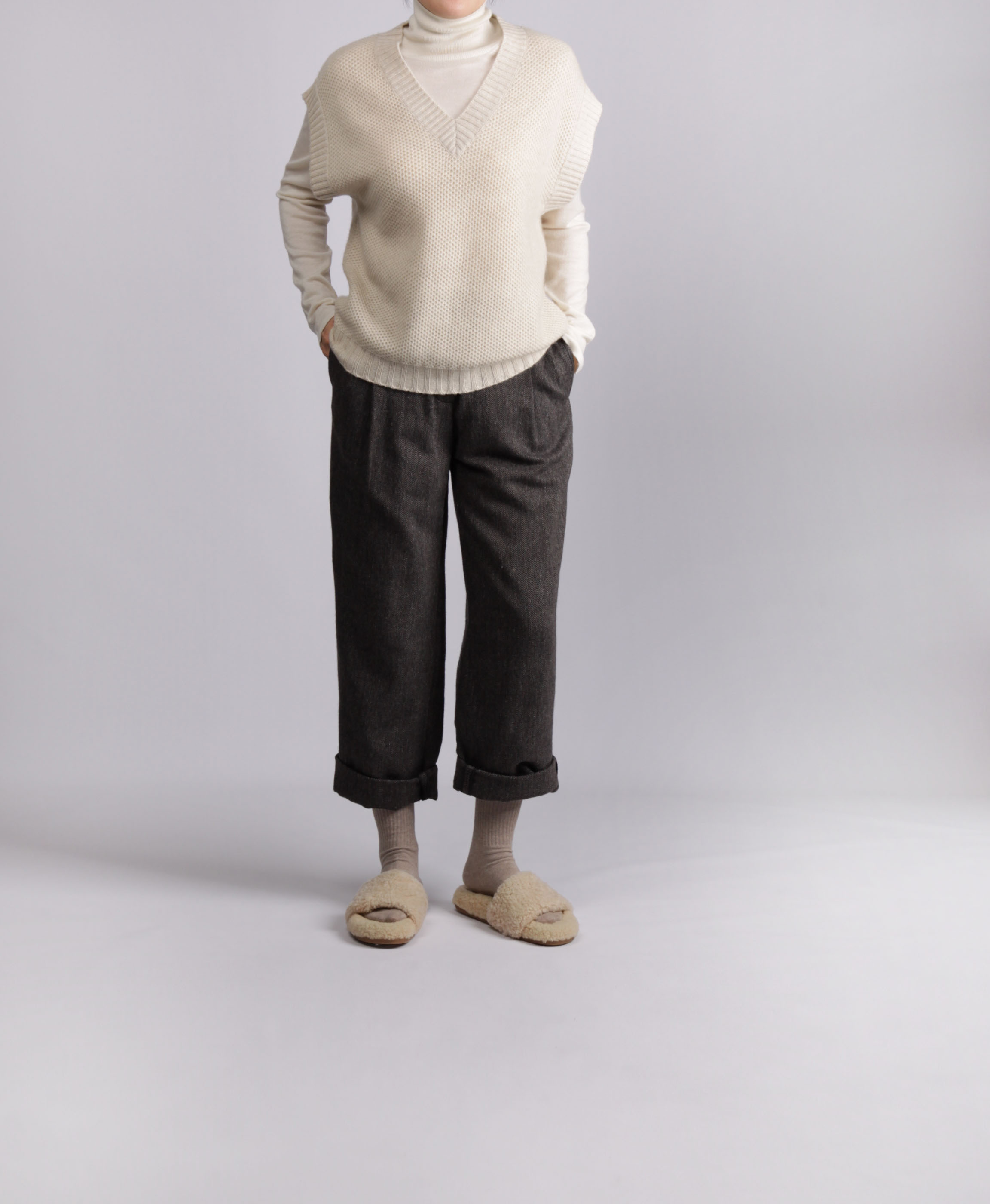 Wool Herringbone Grandpa Pleats Pants