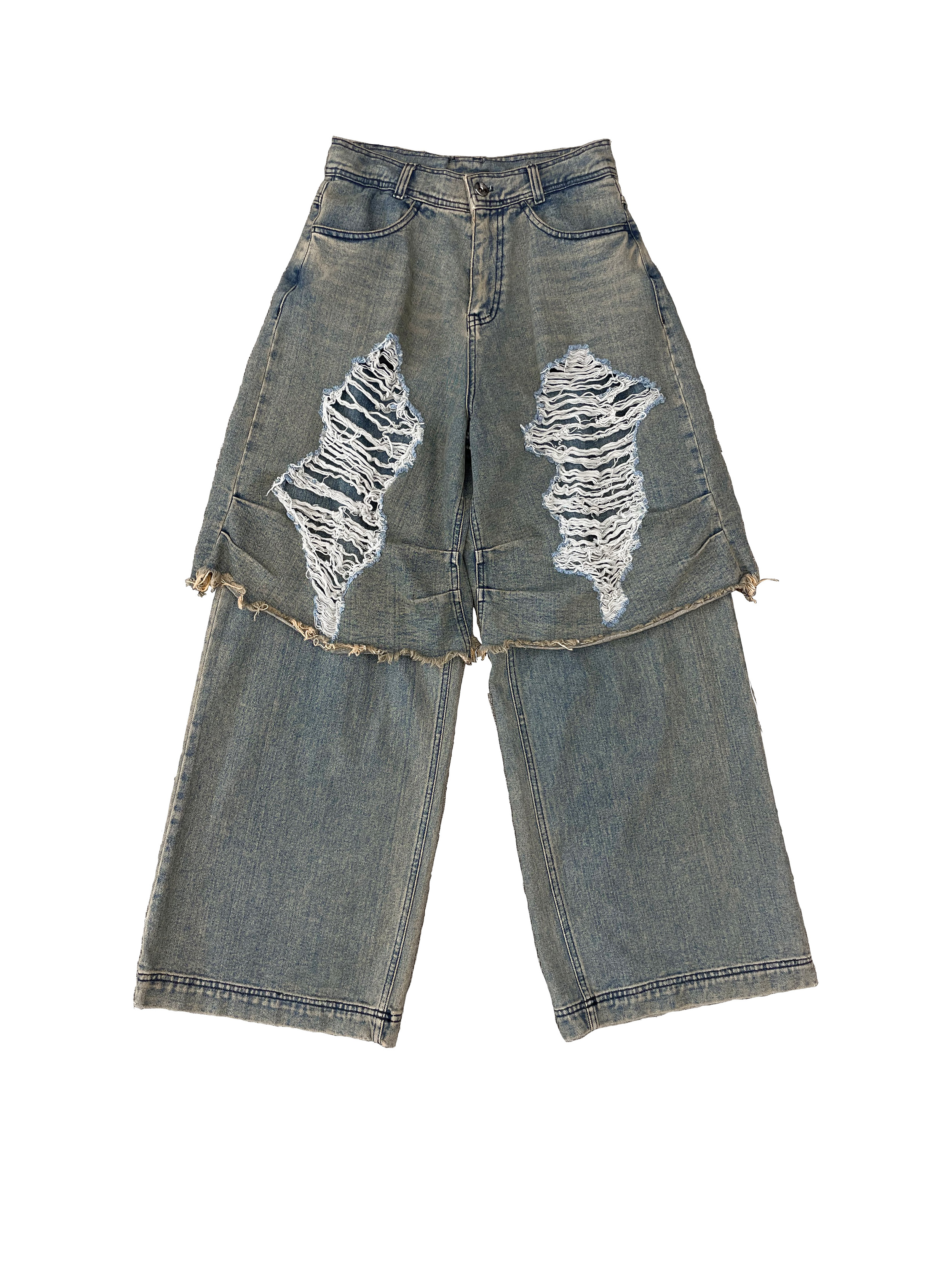 DESTROYED VINTAGE DOUBLE DENIM PANTS