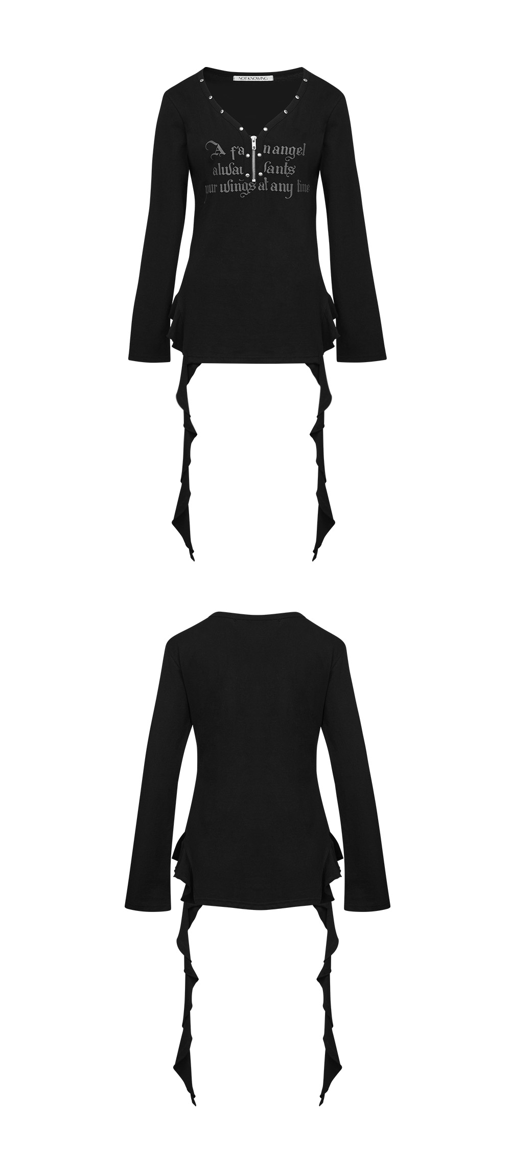MUSINSA公式 | NOTKNOWING Stud V-Neck Ruffle Top (BLACK)