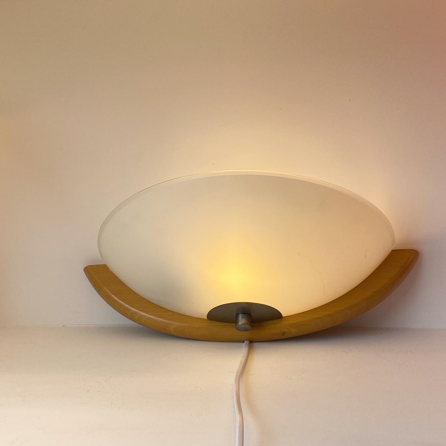 Vintage) Ikea Wood and Glass Half Moon Wall Lamp